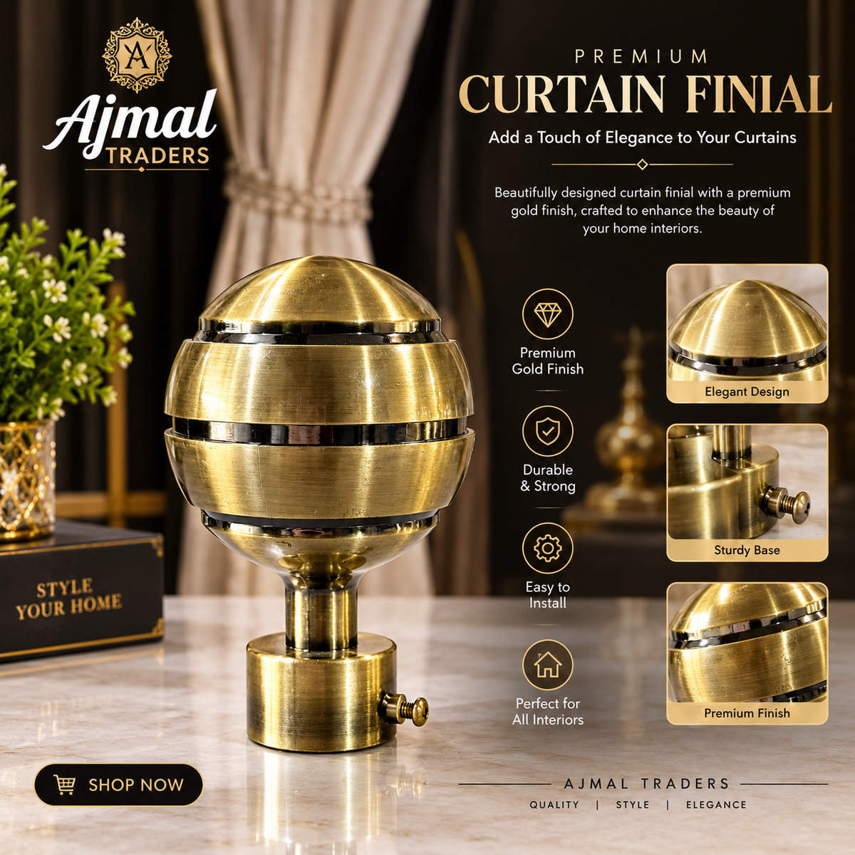 Premium Antique Metal Curtain Finial – Modern Decorative Design